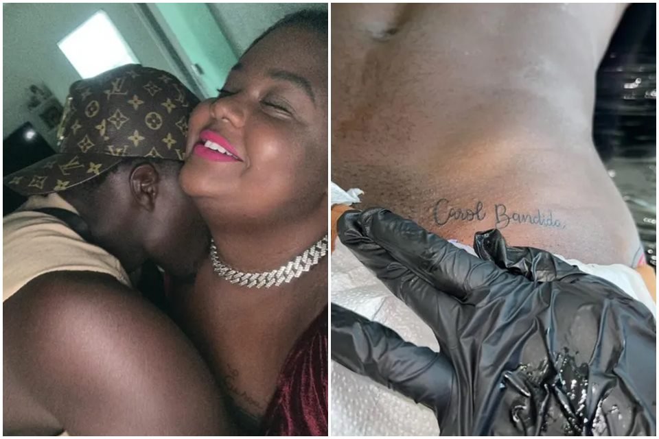 Imagens justapostas de MC Carol e novo affair e de uma tatuagem na cintura do affair escrito
