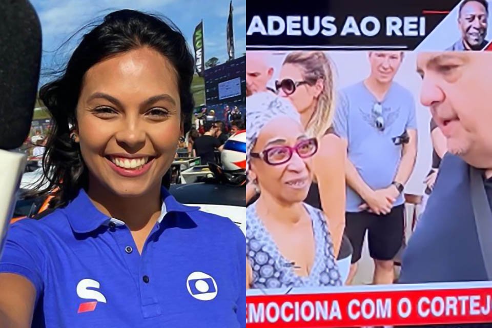 À esquerda, a jornalista Estella Gomes, da Globo; à direita, seu pai, o jornalista Marcelo Gomes, ao lado da irmã de Pelé para a ESPN - Metrópoles