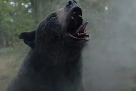 Cena do filme O Urso do Pó Branco. Um urso negro aparece com a boca aberta e a língua para fora em uma floresta - Metrópoles