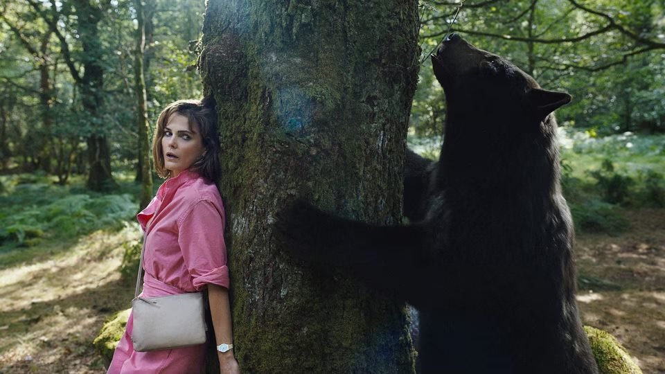Cena do filme O Urso do Pó Branco. Um urso negro aparece abraçando uma árvore e uma mulher de roupa rosa se esconde do animal - Metrópoles