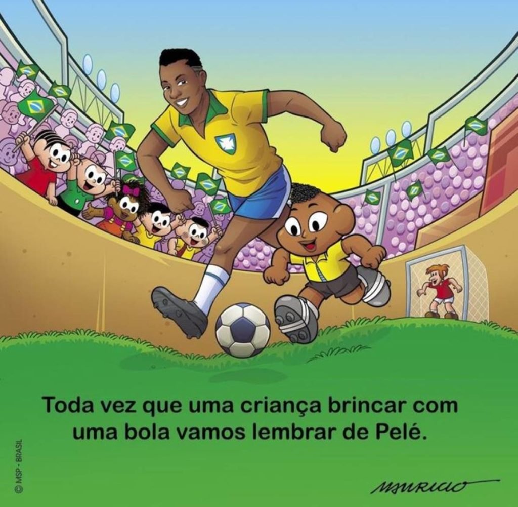 desenho com pelé jogando futebol com uma criança e a turma da mônica ao fundo - metrópoles