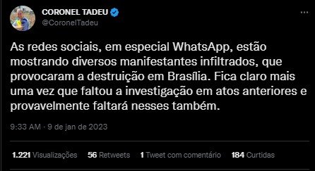 Bolsonaristas que vandalizaram prédios públicos em Brasília criam versão de que infiltrados teriam sido os responsáveis por crimes no centro da capital. Na imagem, prints de Twitter mostram a narrativa sendo difundida - Metrópoles
