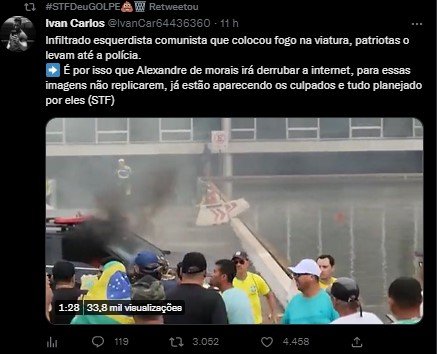 Bolsonaristas que vandalizaram prédios públicos em Brasília criam versão de que infiltrados teriam sido os responsáveis por crimes no centro da capital. Na imagem, prints de Twitter mostram a narrativa sendo difundida - Metrópoles