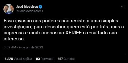 Bolsonaristas que vandalizaram prédios públicos em Brasília criam versão de que infiltrados teriam sido os responsáveis por crimes no centro da capital. Na imagem, prints de Twitter mostram a narrativa sendo difundida - Metrópoles