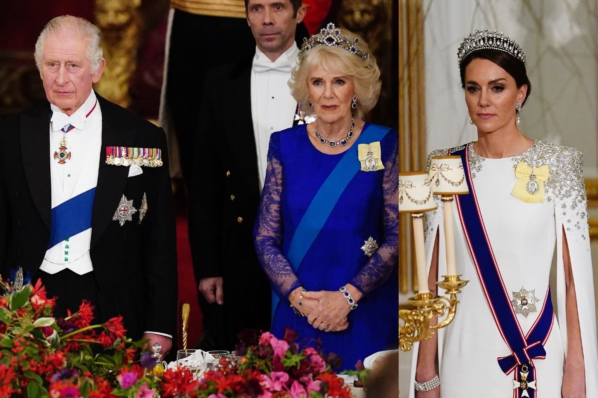 Foto colorida de um homem branco e idoso ao lado de mulher branca, idosa e com uma tiara. Em outra foto, há uma blusa branca com roupa branca e tiara - Metrópoles