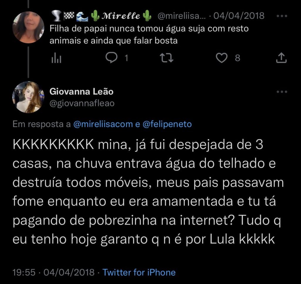 Prints do Twitter de Giovanna Leão discutindo, em 2018, sobre Lula a fizeram ser cancelada- Metrópoles