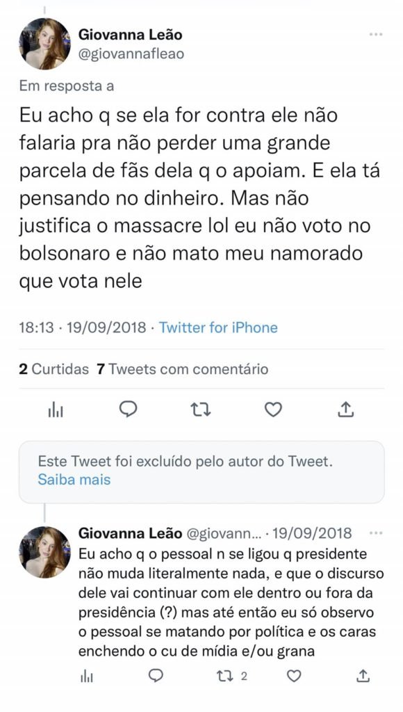 Prints do Twitter de Giovanna Leão discutindo, em 2018, sobre Lula a fizeram ser cancelada- Metrópoles