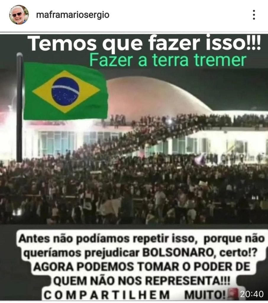 Publicação no Instagram de apoio aos atos terroristas no último domingo (8/1/23)