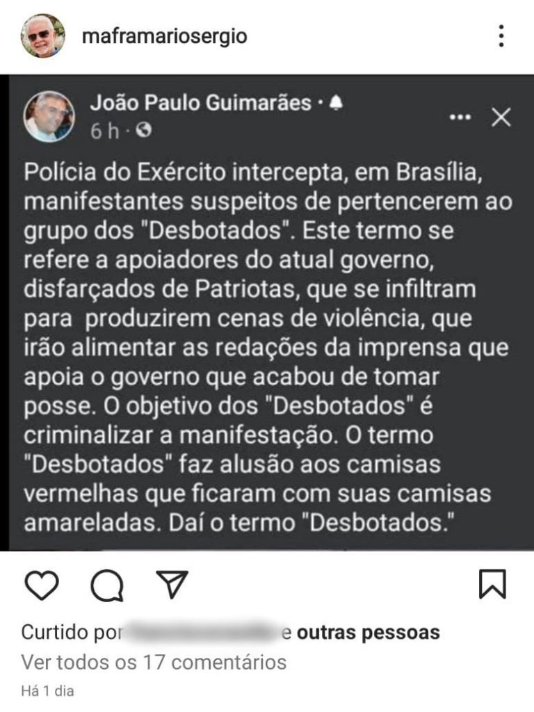 Publicação no Instagram de apoio aos atos terroristas no último domingo (8/1/23)