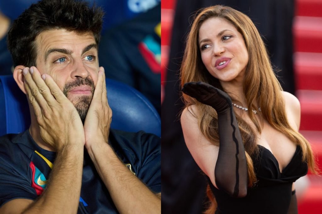 Pictures of Pique with his hands on his face and Shakira sending a kiss