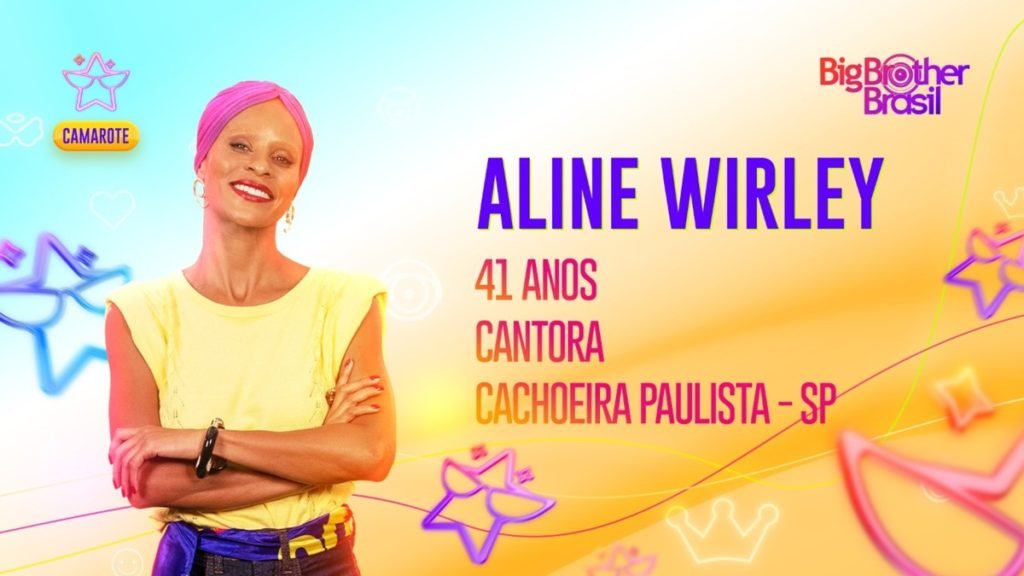 Arte oficial da Globo para Aline Wirley, cantora que participará do time Camarote no BBB23. Ela é negra, tem cabelo raspado e claro, olhos verdes e sorri - Metrópoles