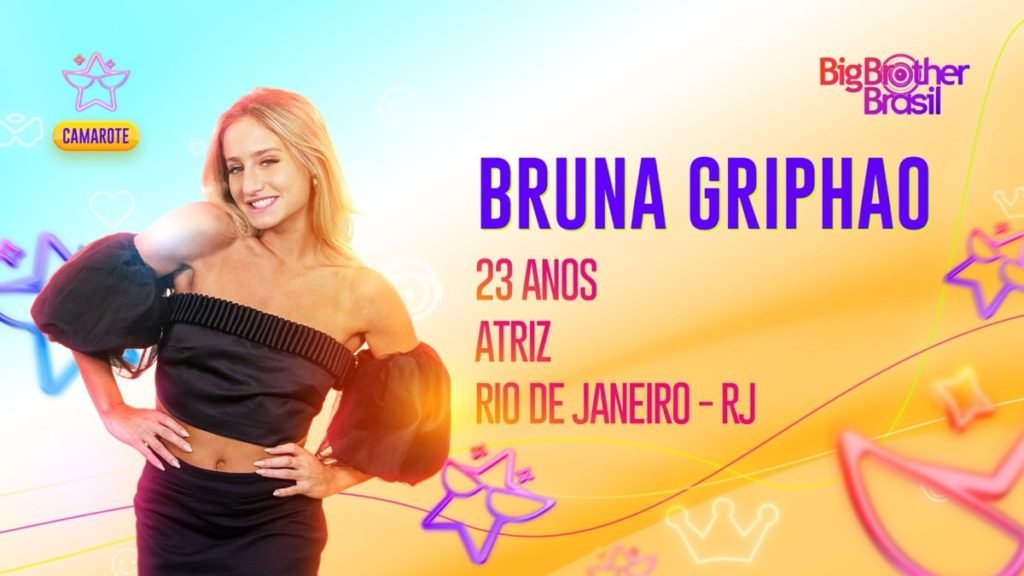 Arte oficial da Globo para Bruna Griphao, atriz que participará do time Camarote no BBB23. Ela é branca, tem olhos azuis, cabelo loiro ondulado e longo e sorri - Metrópoles