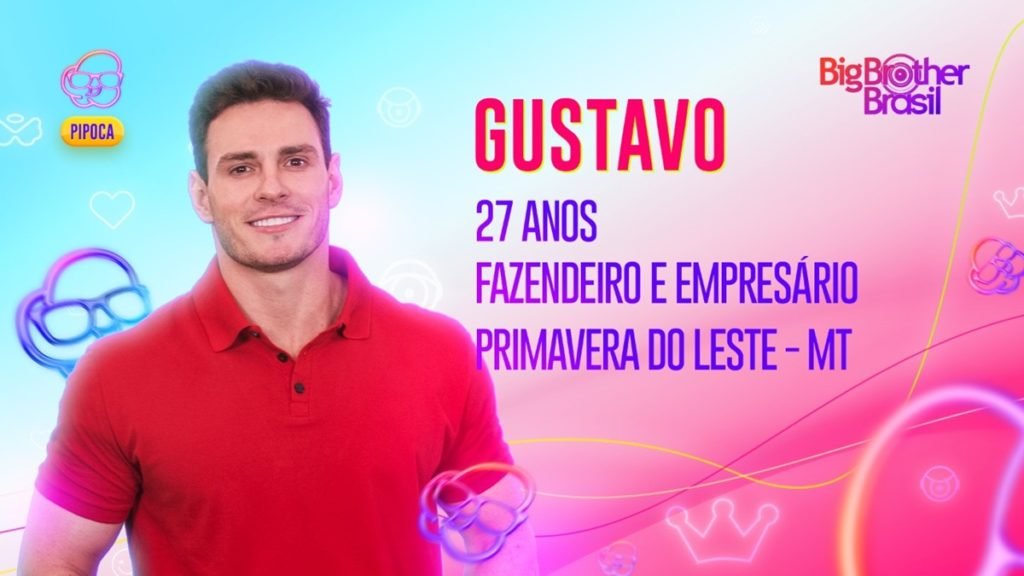 Official Globo art for Gustavo, businessman and farmer who will participate in the Pipoca team at BBB23.  He is white, has short straight brown hair and smiles-Metropolis