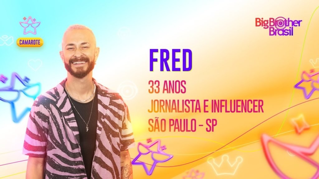 Arte oficial da Globo para Fred, youtuber que participará do time Camarote no BBB23. Ele é branco, tem olhos castanhos, cabelo loiro e sorri - Metrópoles