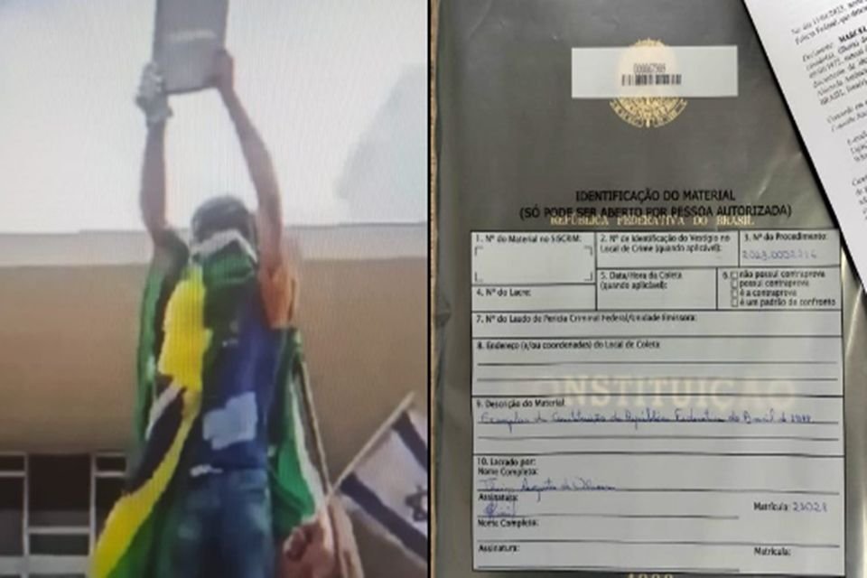 Fotos justapostas de momento em que homem golpista levanta réplica da Constituição Federal roubada do STF após vandalismo na Esplanada e exemplar recuperado pela Polícia Federal (direita) - Metrópoles