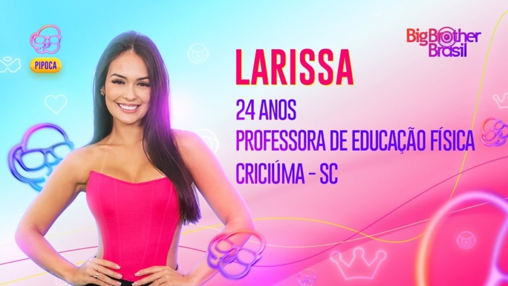 Arte oficial da Globo para Larissa, professora de educação física que participará do time Pipoca no BBB23. Ela é branca, tem cabelo liso, longo e escurto, olhos pretos e sorri - Metrópoles
