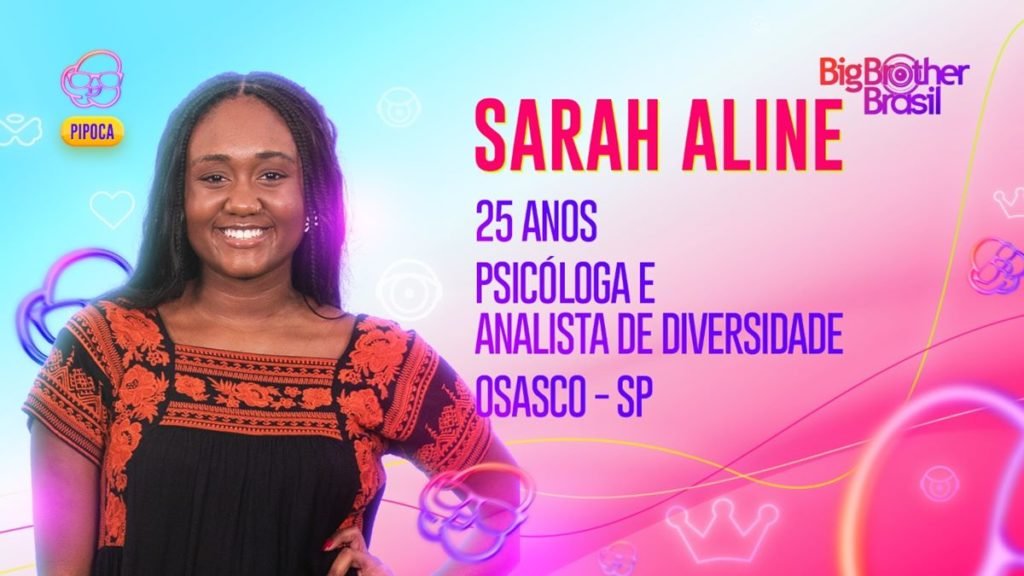 Arte oficial da Globo para Sarah Aline, psicóloga que participará do time Pipoca no BBB23. Ela é negra, tem cabelo de tranças, olhos pretos e sorri - Metrópoles