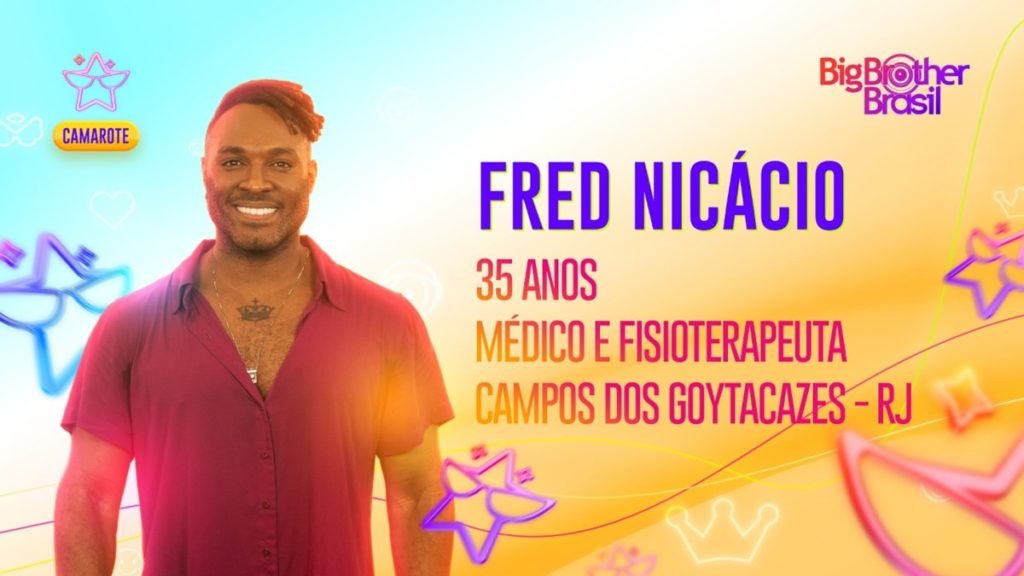 Arte oficial da Globo para Fred Nicácio, médico e fisioterapeuta que participará do time camarote no BBB23. Ele é negro, tem cabelo com tranças curtas, olhos escuros e sorri - Metrópoles