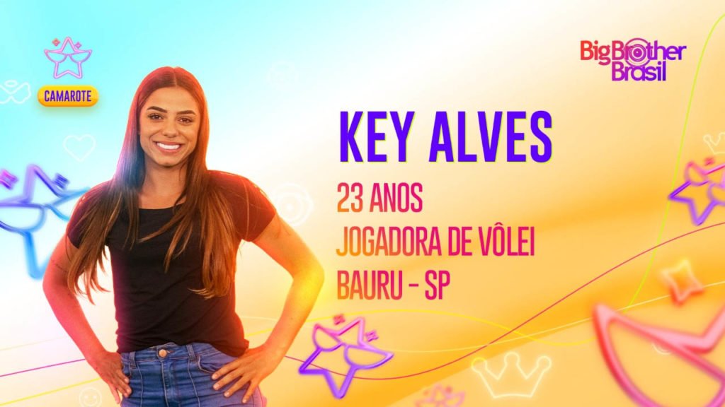 Arte oficial da Globo para Key Alves, jogadora de vôlei que participará do time camarote no BBB23. Ela é branca, tem cabelo liso e castanho, olhos escuros e sorri - Metrópoles