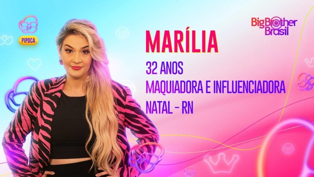 Official Globo art for Marília, makeup artist who will participate in the BBB23 popcorn team.  She is white, has blonde wavy hair, dark eyes and a smile - Metropolis