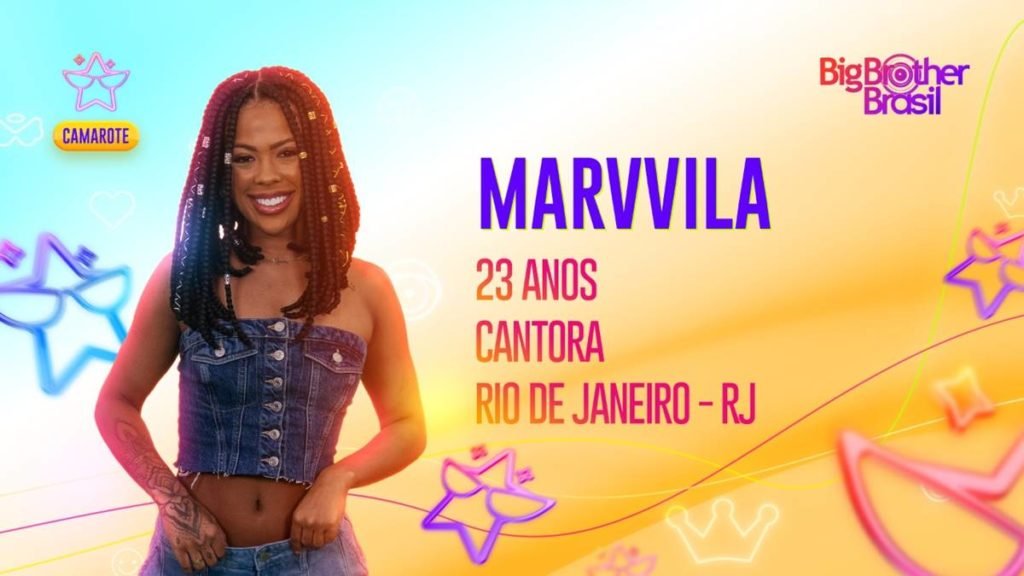 Arte oficial da Globo para Marvvila, cantora que participará do time camarote no BBB23. Ela é negra, tem cabelo médio em tranças, olhos escuros e sorri - Metrópoles