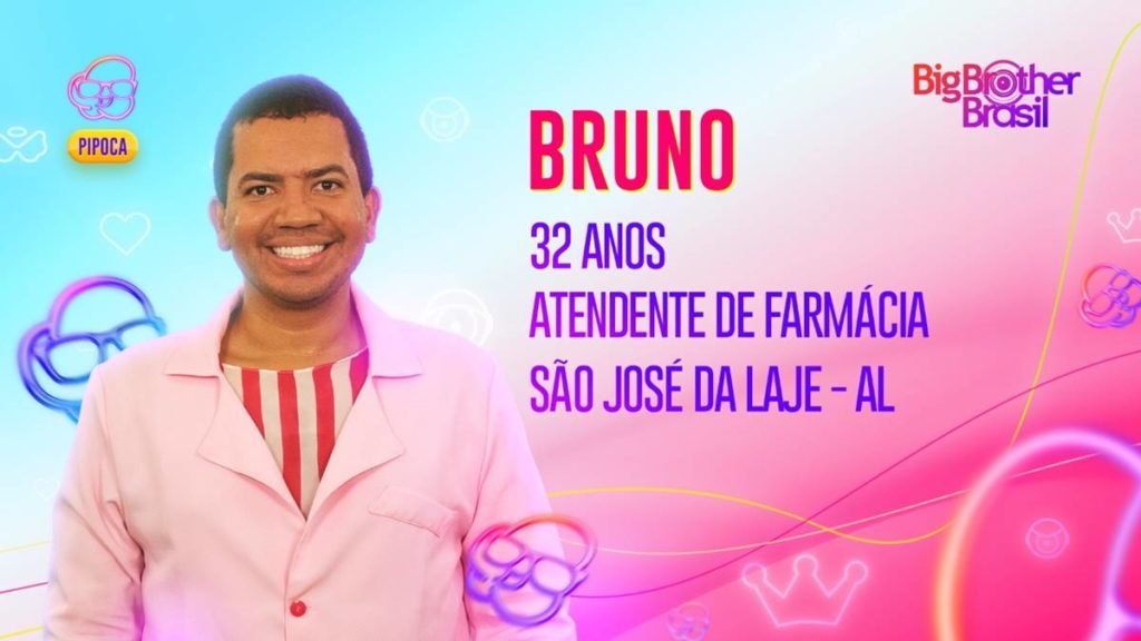 Official Globo art for Bruno, a pharmacy clerk who will participate in the popcorn team at BBB23.  He is brunette, has short dark hair, black eyes and a smile-Metropolis