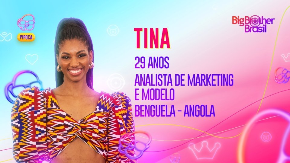 Arte oficial da Globo para Tina, analista de marketing e modelo que participará do time pipoca no BBB23. Ela é negra, tem cabelo escuro e trançado preso em rabo de cavalo, olhos pretos e sorri - Metrópoles