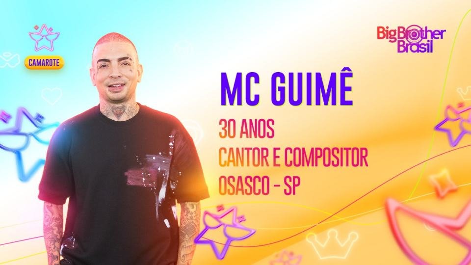 Arte oficial da Globo para MC Guimê, cantor e compositor que participará do time camarote no BBB23. Ele é branco, tem cabelo curto e rosa, olhos escuros e sorri - Metrópoles