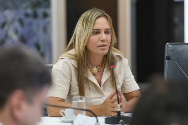 Celina Leão, governadora em exercício do Distrito Federal, durante reunião no Palácio do Buriti. Ela fala em microfone, sentada à mesa - Metrópoles