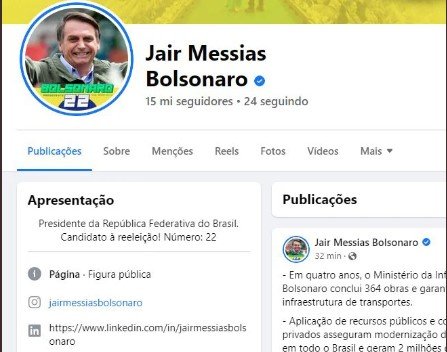 Perfil com a bio antiga do ex-presidente Jair Bolsonaro no Facebook, que ainda se intitulava, mesmo após perder as eleições, mandatário do país - Metrópoles