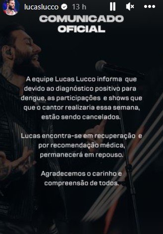 Foto colorida de comunicado do Lucas Lucco - Metrópoles