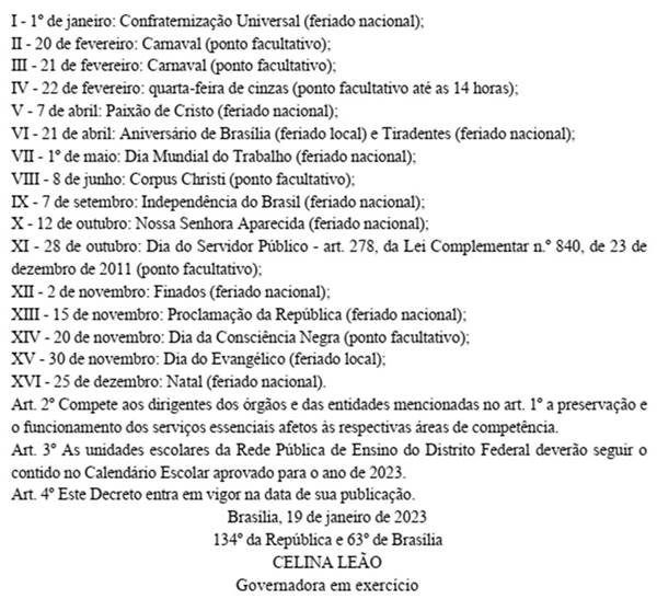 GDF divulga calendário com 10 feriados e 6 pontos facultativos para