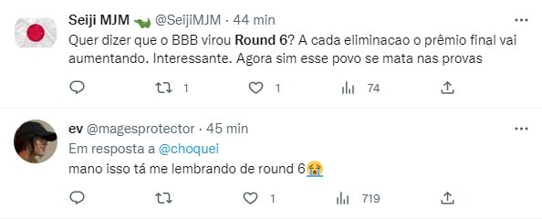 Print de uma publicação no Twitter que compara o BBB23 a Round 6 - Metrópoles