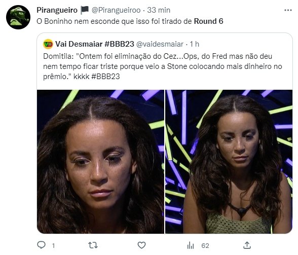 Print de uma publicação no Twitter que compara o BBB23 a Round 6 - Metrópoles