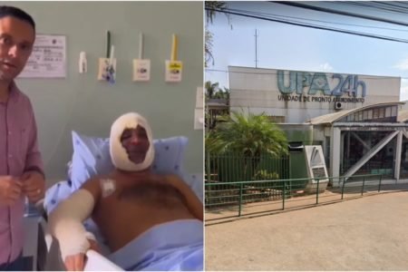 Montagem de um homem ferido e hospitalizado e a fachada de uma UPA em Passos (MG) - Metrópoles