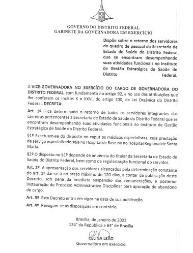 Decreto assinado por Celina Leão