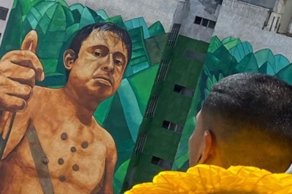 Foto colorida do painel de São Paulo em homenagem a Ari Uru-Eu-Wau-Wau