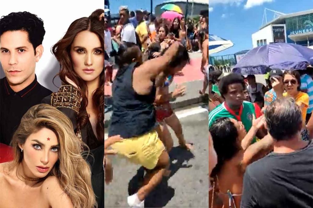 Foto colorida de parte do integrantes do RBD e prints coloridos de brigas de fãs em filas de compras dos ingressos para shows do grupo
