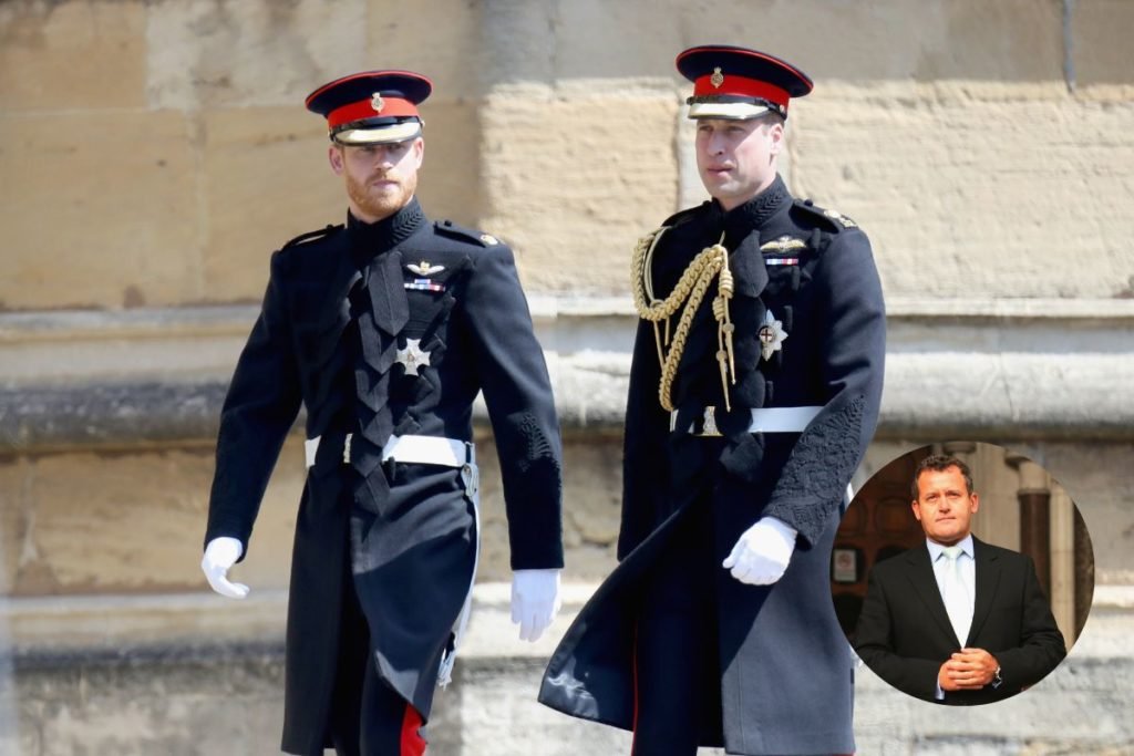 Os príncipes Harry e William estão vestidos com uniforme militar e andam pelas ruas de Londre. No canto inferior direito, há uma imagem do ex-mordomo da princesa Diana, Paul Burrell