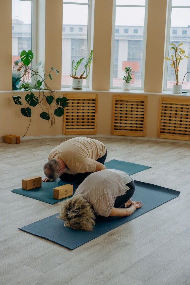 Duas pessoas fazendo yoga em tapetes - Metrópoles
