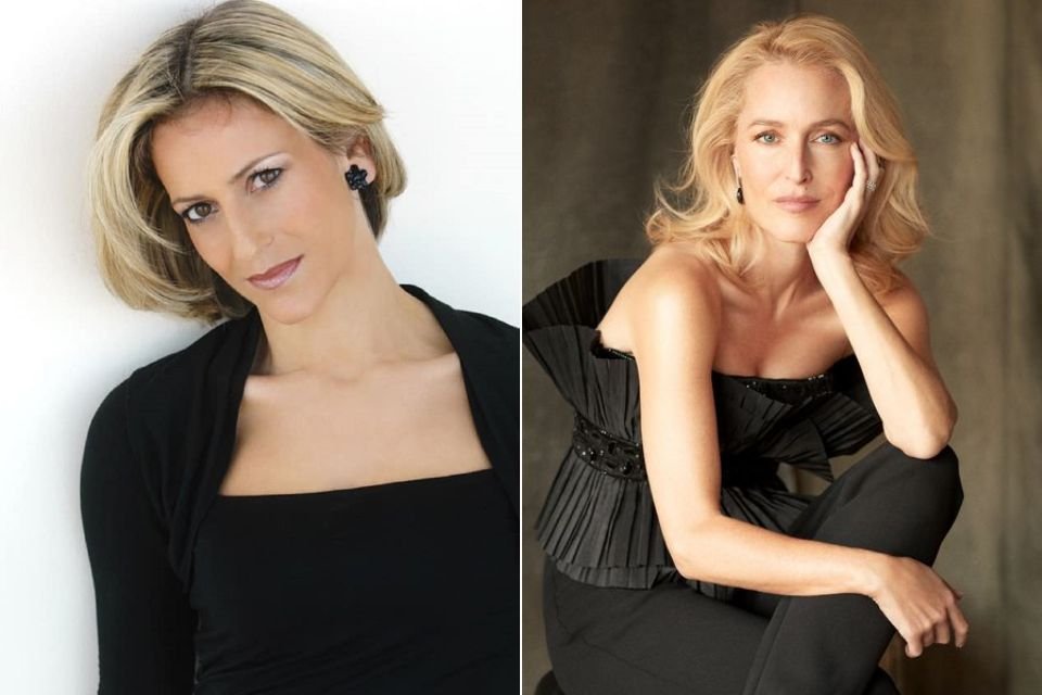 Montagem de duas fotos: à esquerda a jornalista Emily Maitlis e, à direita, a atriz Gillian Anderson