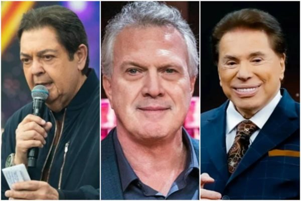 Montagem colorida de Faustão (à esquerda), Pedro Bial (ao centro) e Silvio Santos (à direita) - Metrópoles