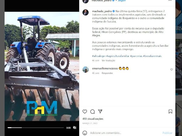 print de redes sociais com foto de trator azul