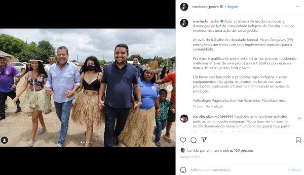print de publicação nas redes sociais com homem de mãos dadas com indígenas