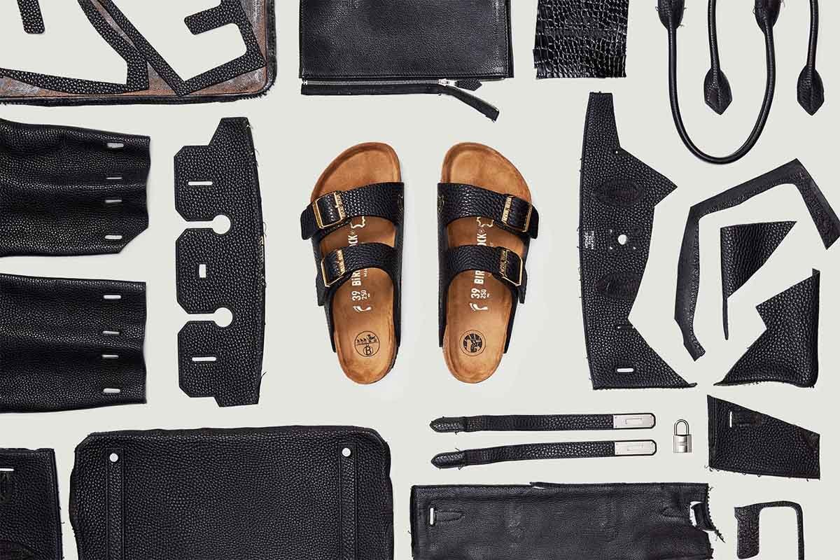 Campanha de divulgação da sandália Birkinstock, da marca MSCHF. O calçado é uma sandália baixa, feita de cortiça e couro. - Metrópoles