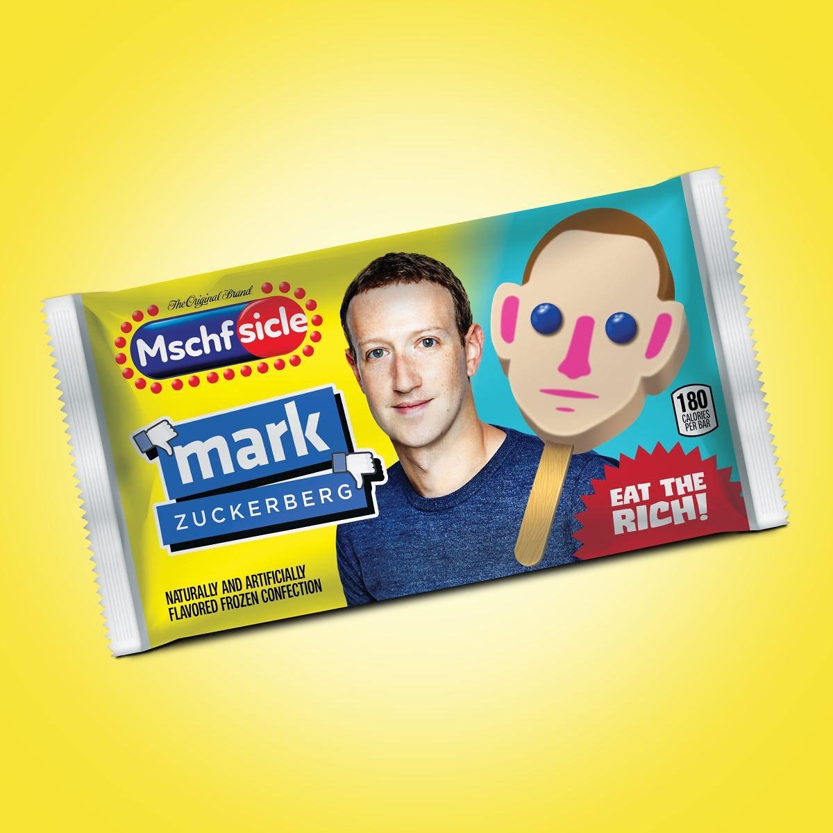 Embalagem dos picolés da marca MSCHF. Os "sorvetes" foram nomeados, cada um, com o nome de um rico. A opção desta foto é com o criador do facebook Mark Zuckerberg. - Metrópoles
