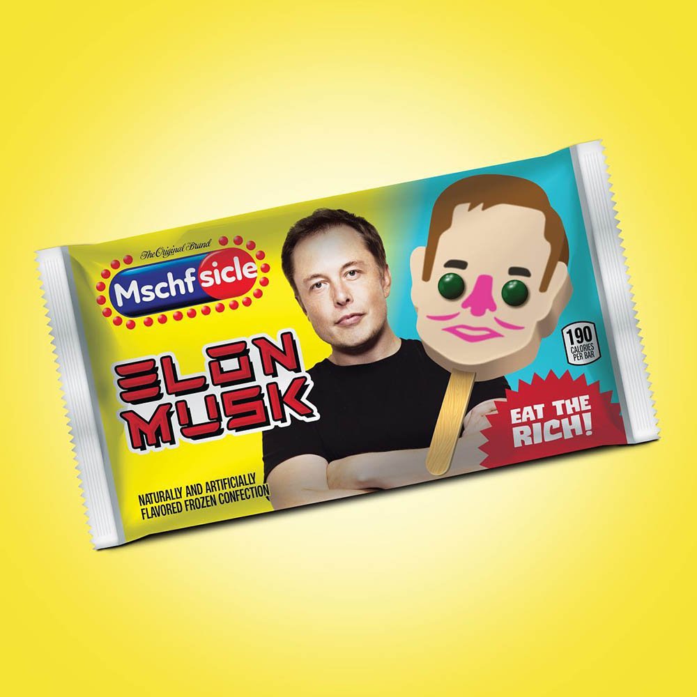 Embalagem dos picolés da marca MSCHF. Os "sorvetes" foram nomeados, cada um, com o nome de um rico. A opção desta foto é com o criador do facebook Elon Musk. - Metrópoles