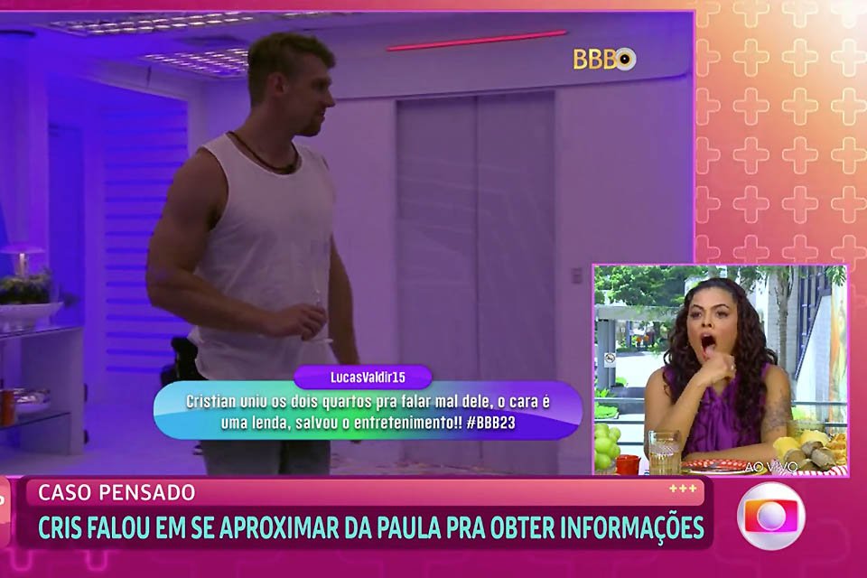 Paula assiste no Mais Você a vídeo de Cristian tramando se aproximar dela para obter informações no BBB23 - Metrópoles
