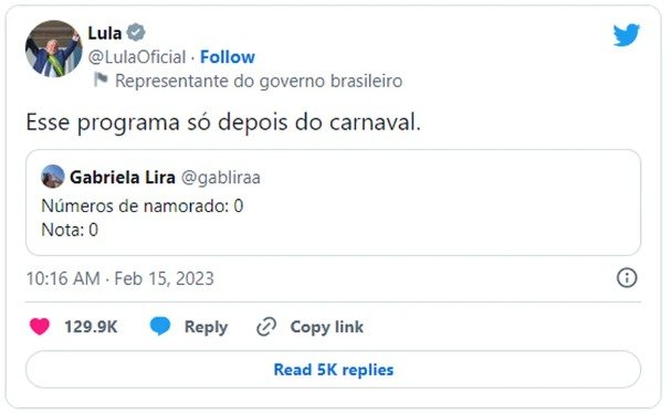 Tuíte de Lula sobre