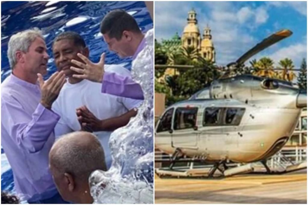 Montagem colorida do pastor Márcio Poncio (cabelo grisalho, vestido de branco, à esquerda da imagem) e um helicóptero - Metrópoles